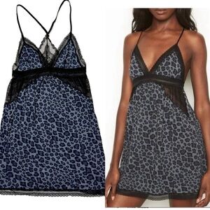 Victoria's Secret Slip Dress Y2K 90S Babydoll Gray Leopard Modal Black Lace Sz M